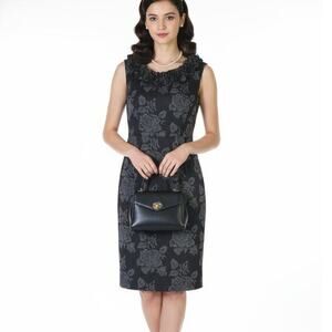 NWT London Times Floral Ruffle Sheath Dress Womens 8 Black Knit‎ Modest Church